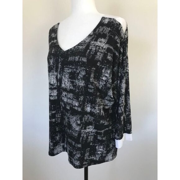 JOSEPH RIBKOFF 3/4 Sleeve Top Size 12 Black White Strap Shoulder Cuffs Stretchy - Picture 5 of 10